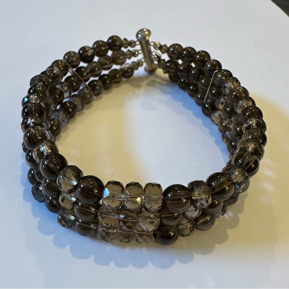 HANDCRAFTED Swarovski Crystal and Glass Beaded 3-Strand Bracelet Brown 8”